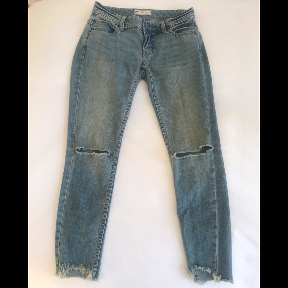 Free People Cropped Light Wash Distressed Jeans